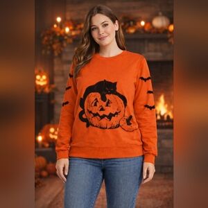 Women’s XL Halloween Pumpkin & Black Cat Sweatshirt Orange Bat Sleeve